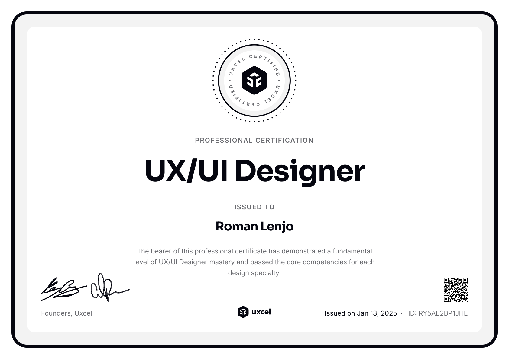 Roman Lenjo's certificate